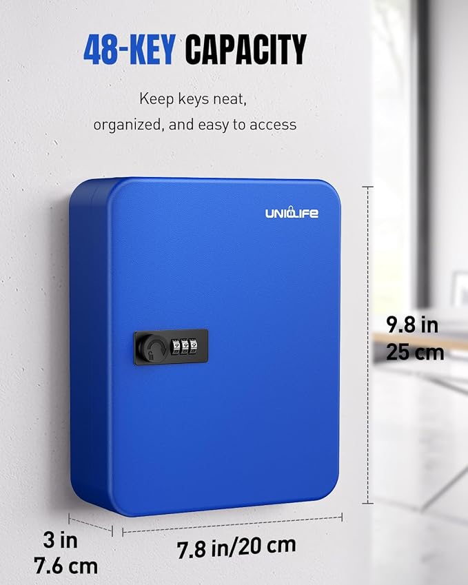 Uniclife 48 Keys Lock Box for Keys with Code, Wall Mount Key Lock Box with Code, Lockbox for Keys, Key Lockbox with Tags, Key Cabinet, Key Storage Box for Home Office & Company, Blue