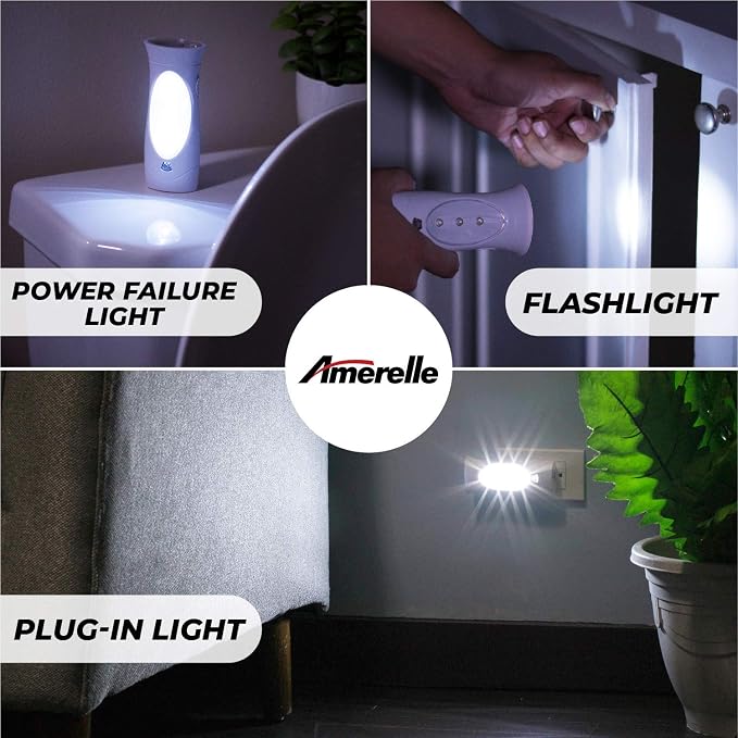 Amerelle LED Emergency Lights for Home Power Failure, 6 Pack - Triple Function Power Failure Light and Plug in Flashlight Combo, with Rechargeable Battery - Be Snow Storm & Hurricane Ready (71134)