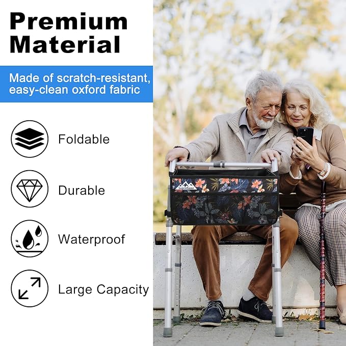 supregear Walker Basket, Foldable Walker Bag with Cup Holder, Storage Pouch with Large Capacity and Never Tipping Over, Hand-Free for Seniors Elderly, Not Fit for Rollator, Floral Black