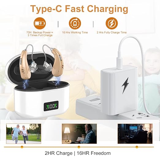 Hearing Aids, 16-Channel Digital Hearing Aids for Seniors, Rechargeable Hearing Aid for People with Hearing Loss, 4 Levels of Volume/Two Mode Noise Cancellation, Clear Sound and Easy to Use