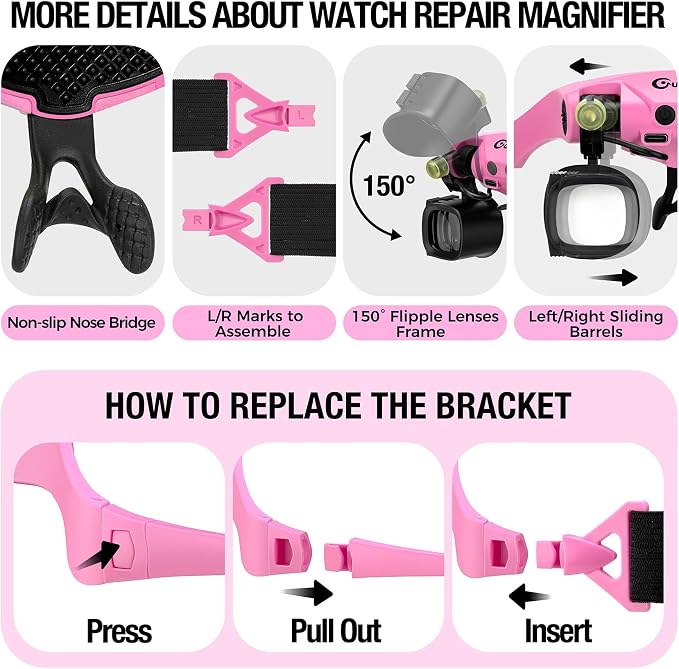 Rechargeable Magnifying Glass with Light 2X-23X,5 Pairs Lens Combos | Single Eye Observation,w/Storage Case, Switchable Headband Magnifier,Lightweight Handsfree for Close Work Watch Repair Crafts