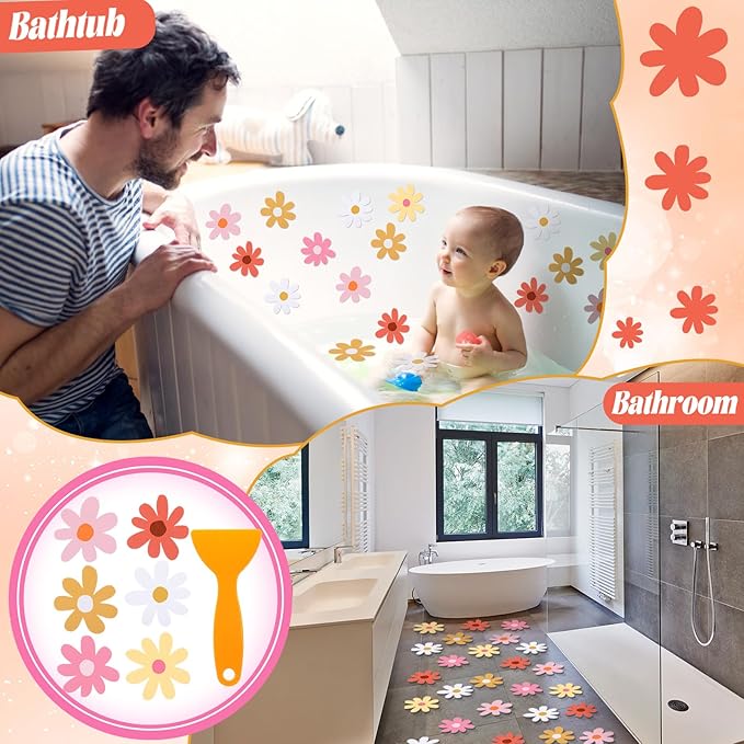 24 Pcs Flower Non Slip Bathtub Sticker Daisy Skidproof Shower Sticker Anti Slip Shower Decals Bathe Treads Adhesive Appliques Scraper Bright Flower Adhesive Decal for Bathroom Decor
