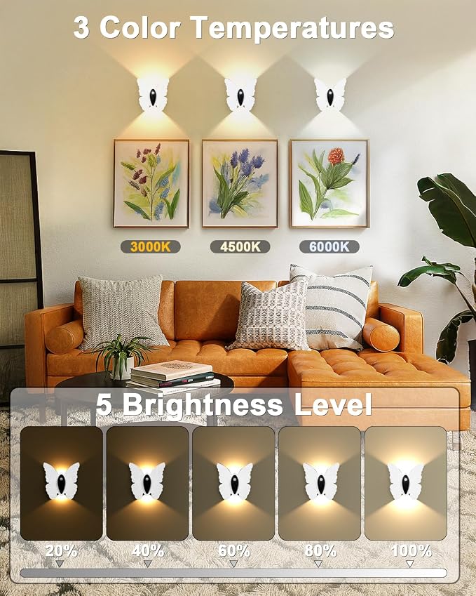 Eneru Motion Sensor Wall Sconce Set of 2, Rechargeable Wall Lights, Indoor | 5000mAh Battery Operated Wall Sconces, Motion Activated, Magnetic Butterfly Night Light for Hallway Stair Closet Pantry,White