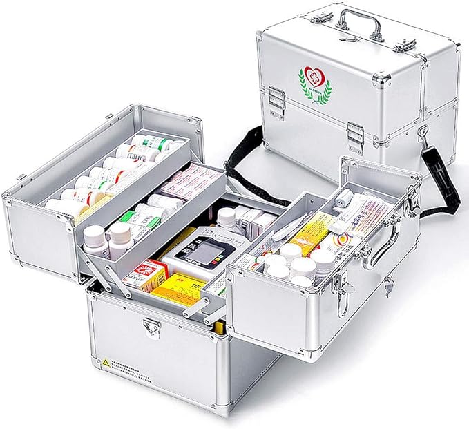 Nurth First Aid Kit Lockable First Aid Box Security Lock Medicine Storage Box with Portable Handle,Medication Lock Box 3 Tier Design/Precription Storage Box Large Space 14 × 9.8 × 11inch (Silver)