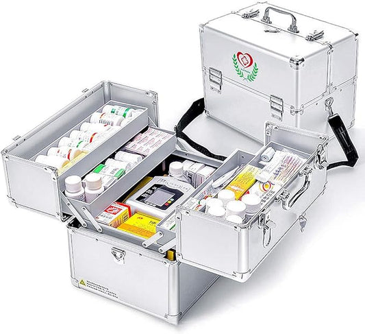 Nurth First Aid Kit Lockable First Aid Box Security Lock Medicine Storage Box with Portable Handle,Medication Lock Box 3 Tier Design/Precription Storage Box Large Space 14 × 9.8 × 11inch (Silver)