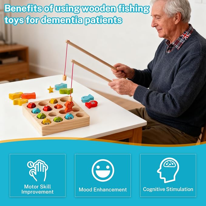 Dementia Magnetic Fishing Game, Wooden Cognitive Toy for Seniors | Alzheimer memory training toy, improves seniors fine motor skills, wooden magnetic brain exercise game