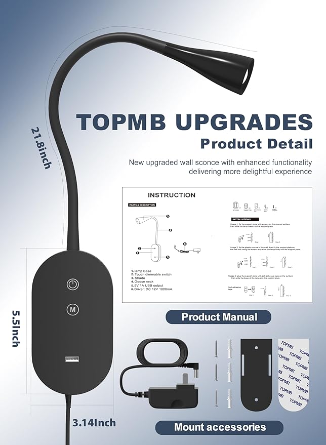 Wall Mounted Reading Light 2Pes– 4 Color Modes, 5‑Level Dimmable Reading Lamp, CRI 95+ Natural Sunlight, USB Output Charge & Auto Memory Black