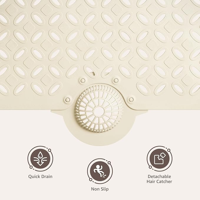OTHWAY Bath Mat for Tub Non Slip: 39" X 17" Long Bathtub Mat with Hair Catcher│Big Drain Holes Shower Mats for Inside Shower│Machine Washable (Beige)