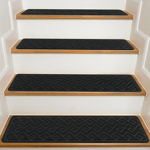 KOOTETA Stair Treads for Wooden Steps Indoor, 15 Pack 8"" X 30"" Non Slip Carpet Stair Treads with Reusable Adhesive for Kids Elders and Dogs, Surface Polyester TPR Backing Stair Rugs, Black-n