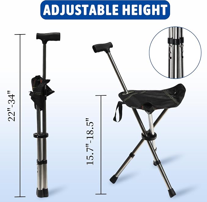 FATTCHIAR Cane with Seat, Walking Stick with Seats, Cane Chair Capacity 330lbs, Adjustable Height Folding Lightweight Portable Stool for Adults Seniors Hiking Camping