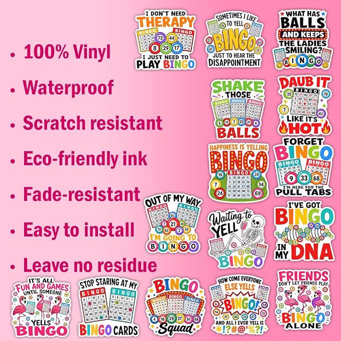 (15Pcs-3in) Bingo Games Sticker Pack, Funny Bingo Prizes Sticker for Player Caller, Gambling Gambler Gift for Senior Adult, Decoration for Laptop Tablet Office Water Bottle Helmet Vehicles
