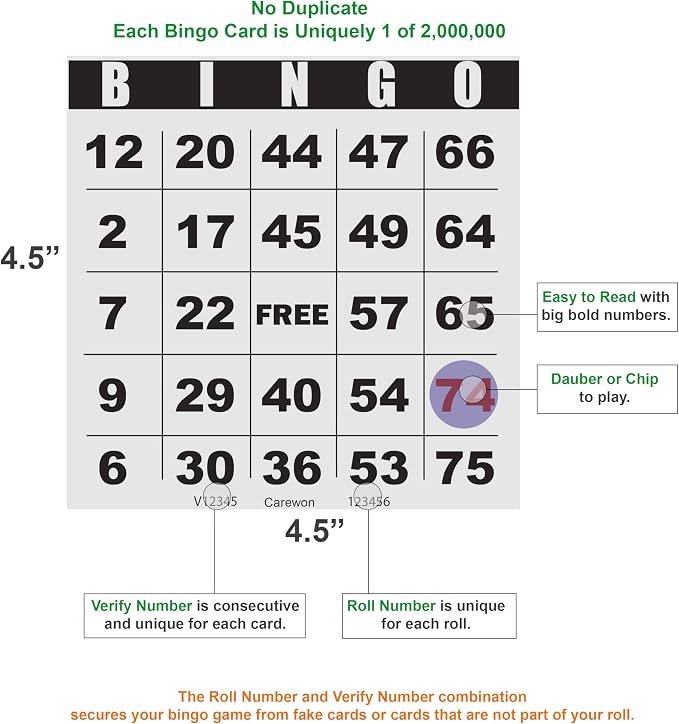 250 Bingo Cards, Large 4.5 x 4.5 Inch, White, Paper Bingo Sheets | 8 Color Options, Premium Cardstock, Disposable with Daubers or Reusable with Chips — Proudly Made in USA