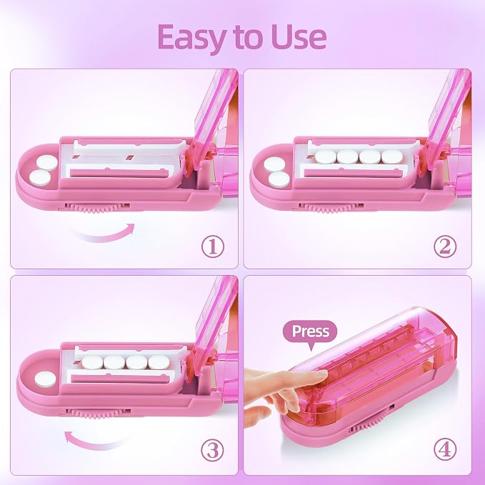 DUBSTAR Pill Cutter Splitter for Small and Tiny Pills, Multiple Pill Cutters for Small or Large Pills, Adjustable Pill Splitter with Centering Device and Blade Guard for Multi Tablets (Pink)
