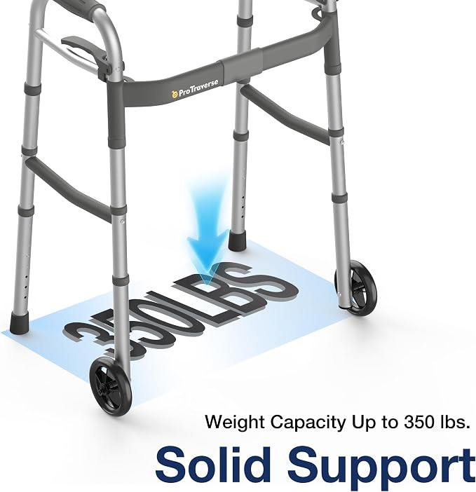 Standard Walkers for Seniors,Folding Walker with Front Wheels, Height and Width Adjustable Standard Walker,350lbs Capacity, Lightweight Aluminum Walker for Elderly Adults and Handicap
