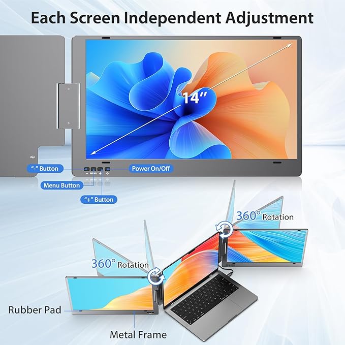 KYY Laptop Screen Extender, 14'' FHD 1080P USB-C Portable Monitor, IPS Computer Monitor, Dual Monitor for Triple Screen, for 12"-16" Laptop (Mac, Wins, Android) Driver Need