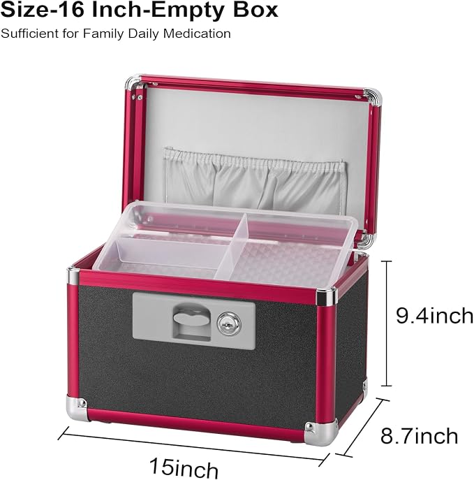 Medicine Lock Box with Key Lock - 16" Hard Case First Aid Safe Medication Storage with Removable Tray & Pockets for Pills, Home, Car & Outdoor - Black Red [with Strap]