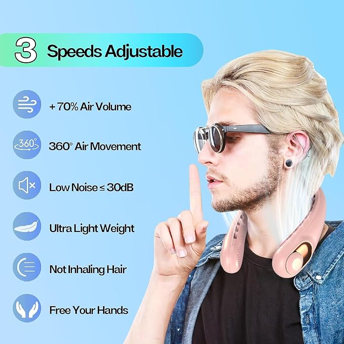 KIDEE Portable Neck Fan, 4000mAh Rechargeable, 360° Airflow, Hands Free Bladeless Wearable Fan, 2 Pack, Pink