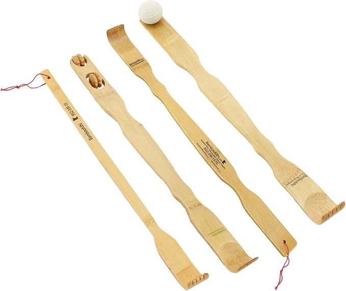 BambooMN 4pc Traditional Bamboo Back Scratcher and Body Relaxation Set
