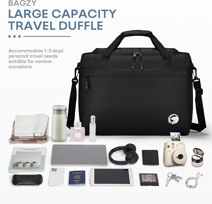40x30x15cm Personal Item Travel Bag 16x12x6 inch Lightweight Gym Bag Foldable Duffle Bag Mens Water-resistant Weekender Bags for Women for Overnight Hospital Carry on Bags for Airplanes Black