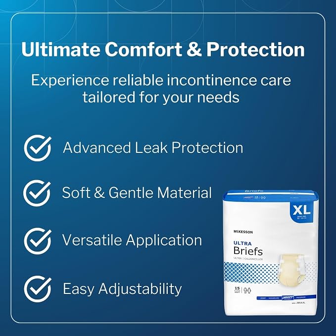 McKesson Ultra Briefs, XL, Heavy Absorbency, Unisex, 64 in, 15 ct | Disposable, Elastic Leg Gathers and Contoured Fit for Men and Women, Incontinence