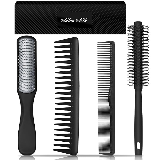SALONSILK Hair Brush for Men, 4PCS Mens Hair Brush & Styling Comb Set, Fine and Wide Tooth Comb, Gel & Roller Brush for All Hair Types, Perfect for Styling, Grooming, and Detangling