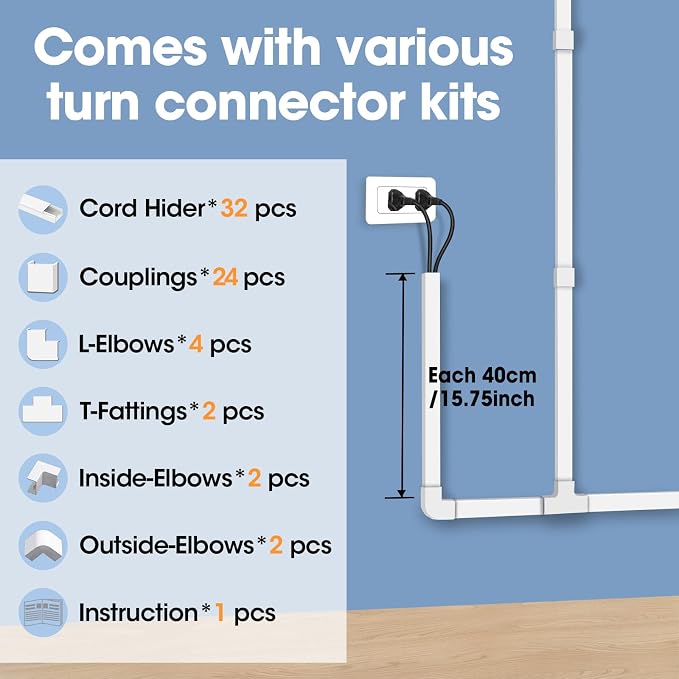 500in Cord Hider Kit, Cord Covers for Wires on Wall, Paintable Cable Raceway, Cord Hider for Wall Mount tv, tv Cable Hider Wall kit, Wire Covers for Cords, 32X L15.75 X W0.96in X H0.57in, White