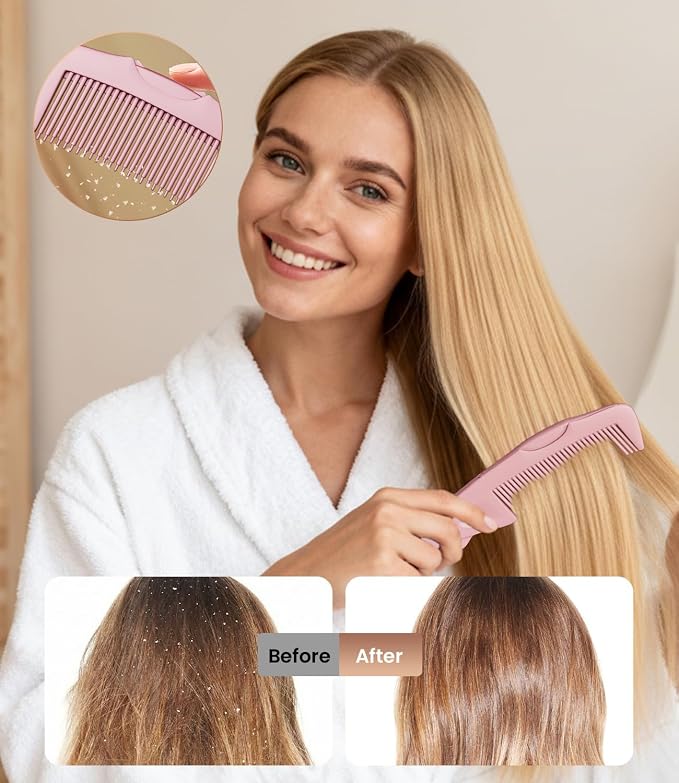 Dandruff Comb Removal 2PC Hollow Fine Tooth Scalp Detox Hair Care Tool Pink | Build up Flake Lice Comb, with Gift Box, Stainless Steel Teeth, Self Cleaning, Button Release, Scalp Massage, Women Men Kids