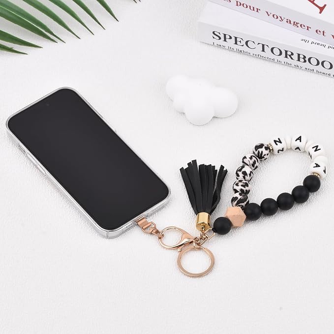 BAOSIWA Silicone Key Ring Bracelet Wristlet Keychain Unique Beaded Bangle Key Chains for Women with Leather Tassel