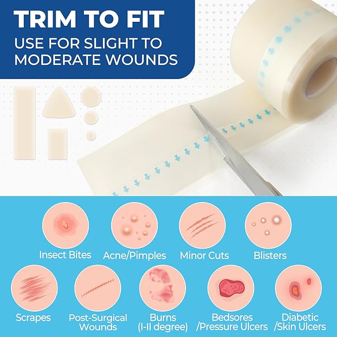 Hydrocolloid Bandages Roll, 2in x 16ft, Cut to Size Hydrocolloid Patch for Wound Care, Waterproof, Medical Adhesive Wound Dressing Tape for Blister, Burn, Acne, Pimple, Extra Large