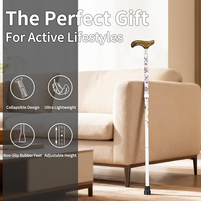 Stylish Foldable Walking Cane - Pattern Printed, Adjustable, for Men and Women Stability and Balance, Light Weight, for 5'~6' Height