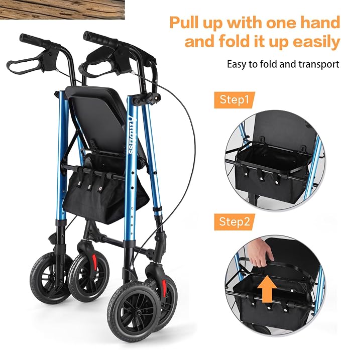 Foldable Rollator Walker for Seniors with Seat,4 Wheel Rolling Walkers | 300lbs walker with tray for Adults & Mobility Impaired|8" Airless Tires|Anti-tip brakes|Adjustable height|Tool-Free Assembly