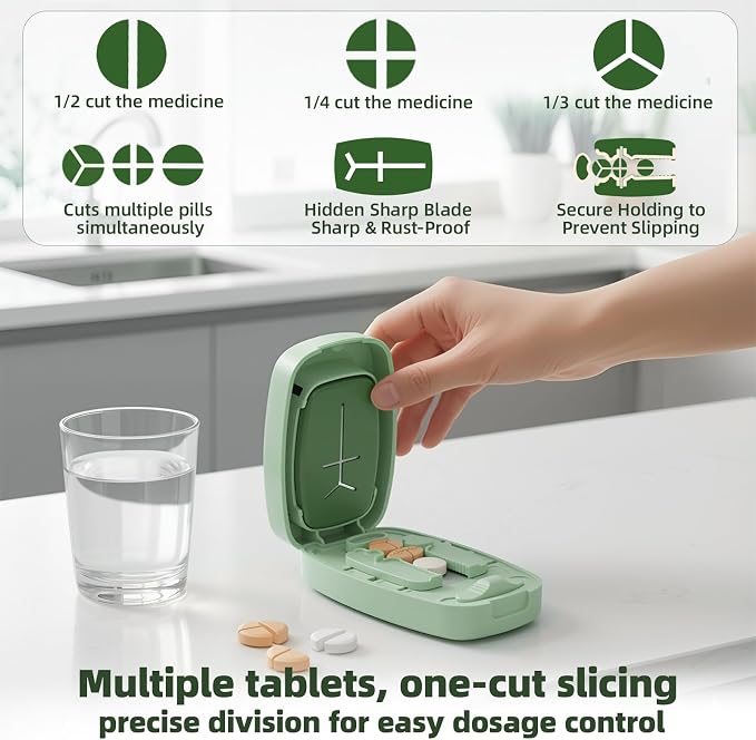 Pill Cutter Splitter with Adjustable Slot, 1/2 1/3 1/4 Even Splitting for Small Large Pills, Oval Long Tablets & Vitamins, Dual Fixing Clips, Multi-Pill Cutting, Hidden Sharp Blade (Green)