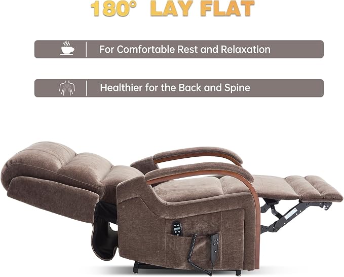 Trustyue Power Lift Recliner Chair, 180° Lay Flat Recliner, Lift Chair with Massage and Heat, Standing Assistance, Living Room Chair for Elderly People Chenille, Brown