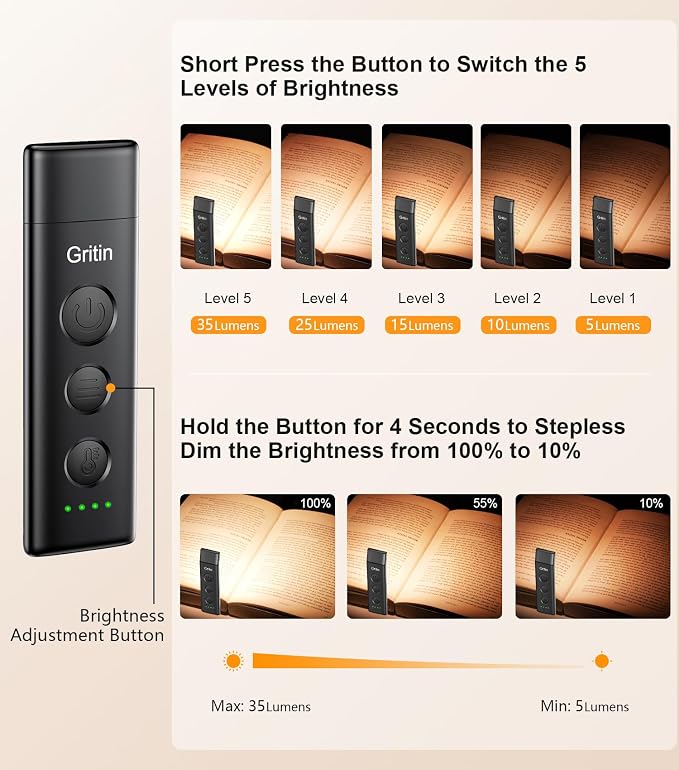 Gritin Book Light Rechargeable, Clip on LED Reading Light for Books in Bed | Eye Caring 3-Color & 5-Brightness, Stepless Dimming, Long Lasting, Compact Size Flexible Book Lamp for Bookworms-Black