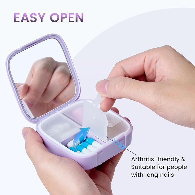 Travel Pill Organizer for Women, Cute Pill Box with Mirror | Compact,Waterproof,Bpa-free,Stylish,4 Compartment