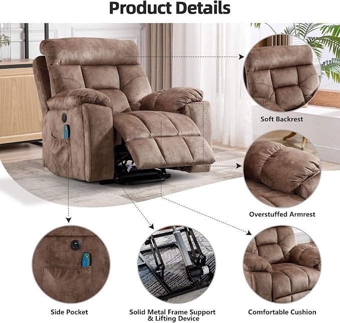 Large Power Lift Recliner Chair with Massage and Heat for Elderly Big and Tall People, Overstuffed Wide Recliners with 2 Cup Holders, Side Pocket and USB Port, Camel
