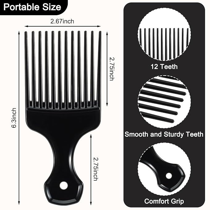 SIMPOR 2 Pcs Hair Pick Comb Wide Tooth Lift for Hair Styling Detangling, Plastic Afro Pick for Women Men, Fist Picks for Curly and Afro Hair (Black, Red)