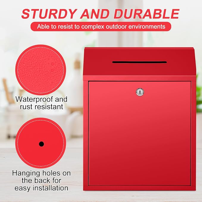 Yaocom Metal Money Box,Red,15 x 12 x 4 Inch,No Lid | Wall Mounted Drop Donation Cash Box for Farm Stand Collection Safe Suggestion Box with Lock Container for Home Office Outdoor