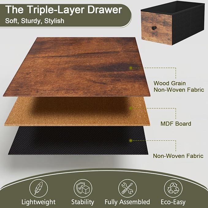 Narrow End Table with Charging Station, Small Nightstand | Skinny Side Tables Living Room with 3 Fabric Drawers, Bedside Table with LED Lights for Bedroom, Small Spaces, Rustic Brown