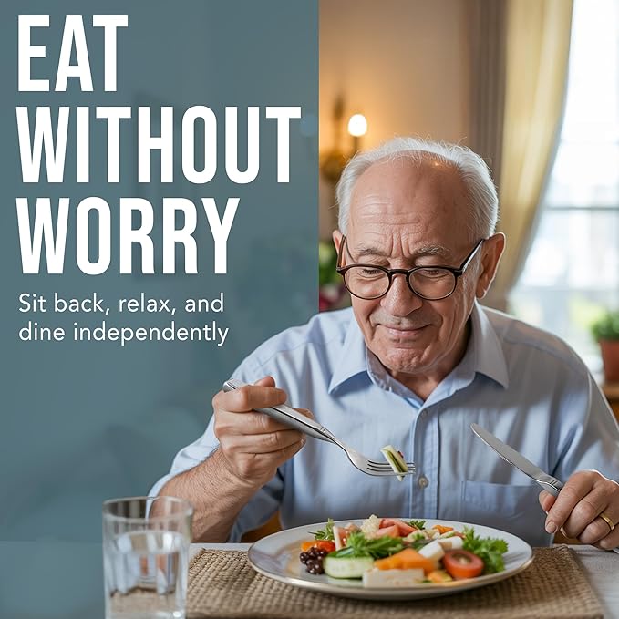 BunMo Weighted Utensils for Tremors and Parkinsons Patients - Heavy Weight Silverware Set of Knife, Fork and Spoon - Parkinsons Gifts for People with Parkinson's - Adaptive Eating Flatware (4 Pieces)