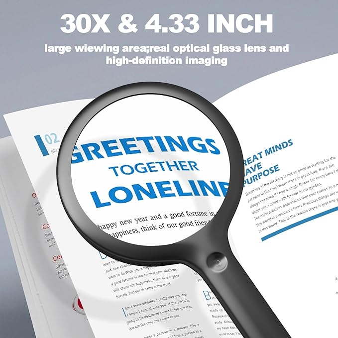 30X Charge Magnifier with Light, NUEYiO 4.33Inch Large Handheld Magnifying Glass with Light, 20 Daylight LEDs & Third Gear Dimming Lighted Magnifying Glass for Seniors Reading Inspection Coin Jewelry