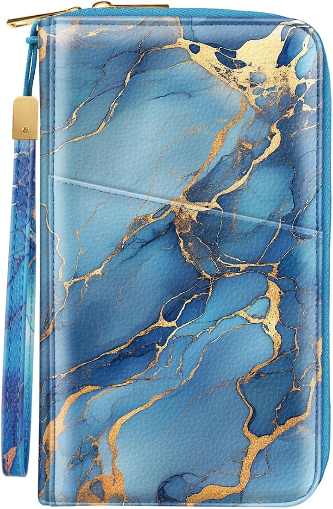 Family Passport Holder Wallet RFID Blocking Document Organizer | PU Leather Mulit-purpose Travel Wallet Credit Cards Case for Women Men, Blue Marble