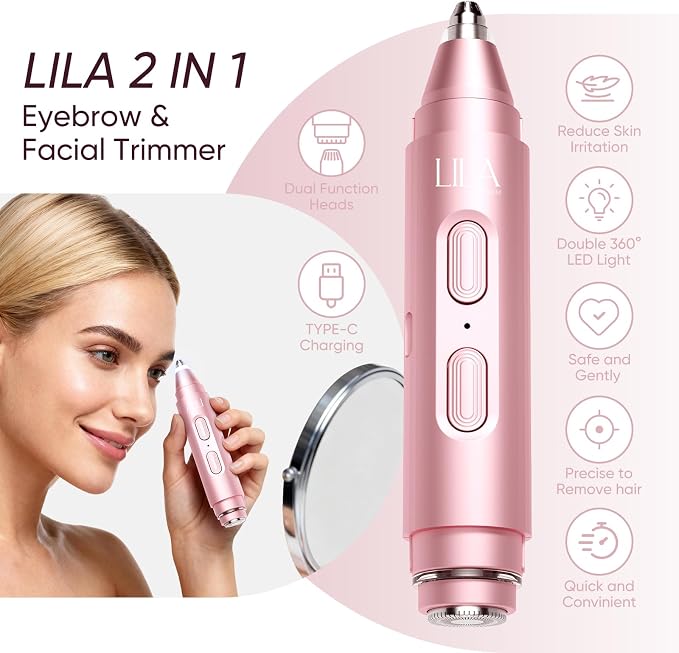 2-in-1 Eyebrow Trimmer & Nose Hair Trimmer for Women, Electric Facial Hair Remover with LED Light, Precision Face Razor for Eyebrow, Nose & Facial Hair, Portable Painless Grooming Tool