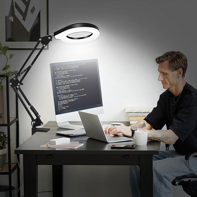 Magnifying Glass with Light and Stand, 10X & 5X Desk Magnifying Lamp, Stepless Dimmable Magnifier with Light, Adjustable 10 Brightness Level and 5 Color Modes Clamp Lamp for Craft Workbench (Blue)