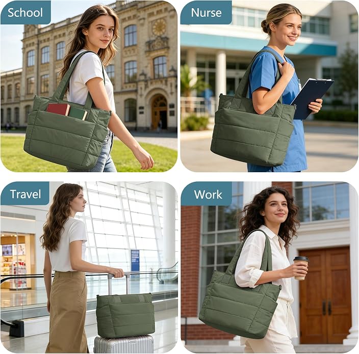 Puffer Tote Bag for Women Quilted Nurse Bag Lightweight Work Bag for Teacher Travel Handbag with Multiple Pockets