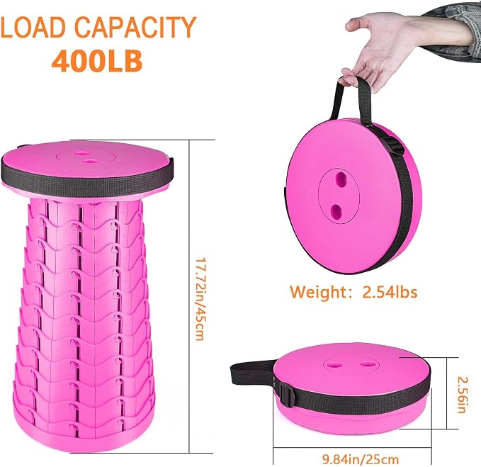 Upgraded Folding Stool Lightweight Yet More Sturdy with Load Capacity 400lbs Portable Collapsible Stool for Camping Fishing Hiking BBQ (Pink)