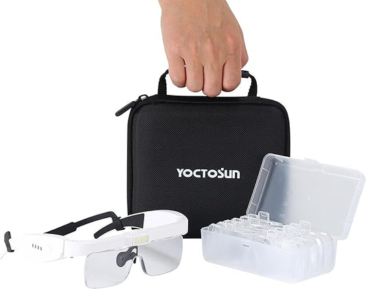 YOCTOSUN Headband Magnifier with 3 LED Lights, Storage Case, Head Strap and 5 Detachable Lenses 0.75X,1.25X,2.0X,3.0X 4.0X, Magnifying Headset for Close Work, Hobby & Crafts