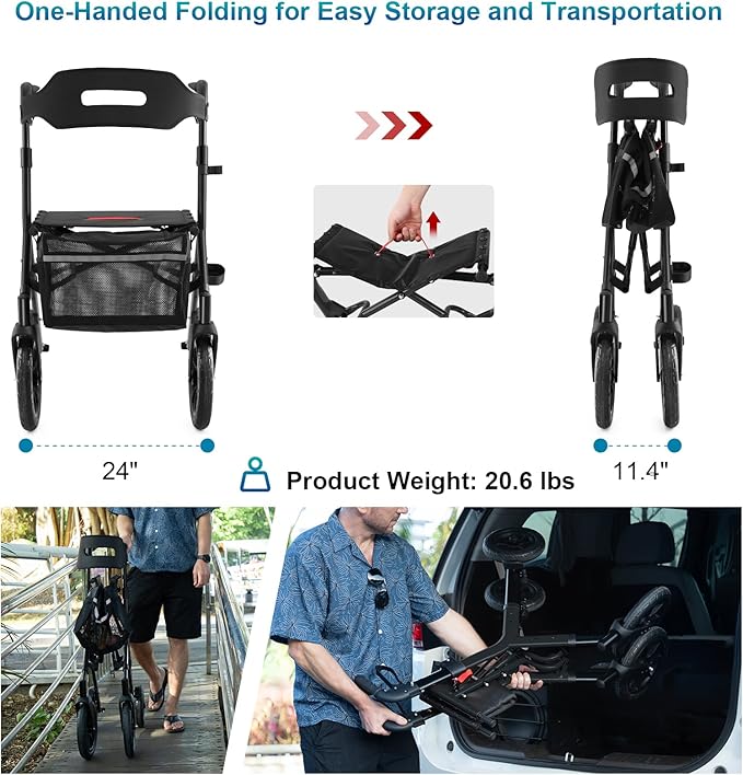 Rollator Walker with Seat, Tall Walkers for Seniors, 12" Big Rubber Wheels All Terrain Rollator Walker with Backrest, Built-in Cable, Foldable and Dual Adjustable Height for 5.3-7ft, Black