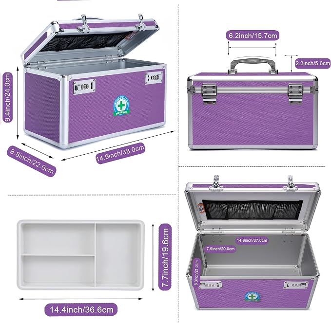 Locking Box with Portable Storage Case, 15''x 8.7''x 9.3'', Childproof Medicine Organizer with Combination Lock, Lockbox for Important Documents & Meds, ID Documents (PURPLE)