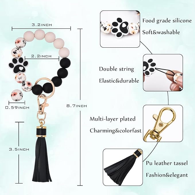 BAOSIWA Silicone Beaded Bracelet Keychain Wristlet Key Ring Bangle Chains for Women with Leather Tassel